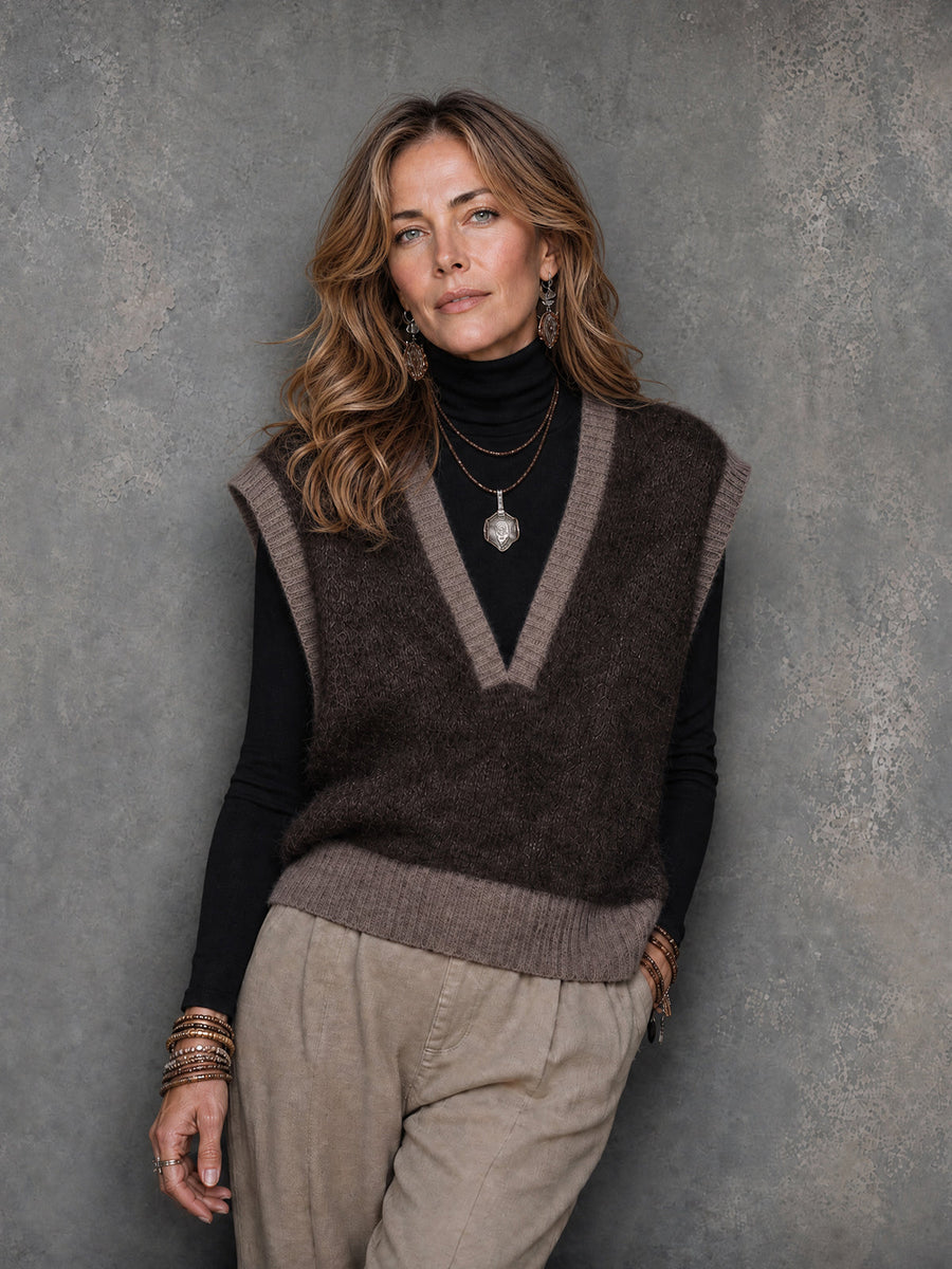 ElevenOra Chic Brown-Gray Brown Colorblock V-Neck Sleeveless Loose-Fit Knit Vest Top