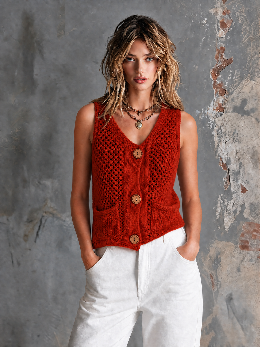 ElevenOra Chic Casual Red V-Neck Single-Breasted Patch Pockets Sleeveless Hollow-Out Knit Vest Top
