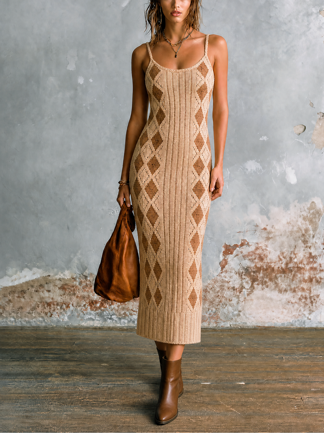 ElevenOra Chic Elegant Beige Spaghetti Straps U-Neck Contrast TrimArgyle Diamond Jacquard Sleeveless Slim-Fit Knit Midi Dress