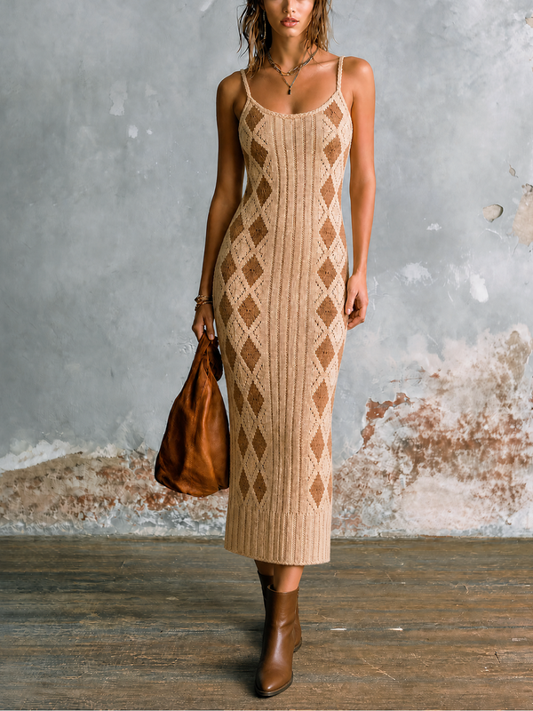ElevenOra Chic Elegant Beige Spaghetti Straps U-Neck Contrast TrimArgyle Diamond Jacquard Sleeveless Slim-Fit Knit Midi Dress