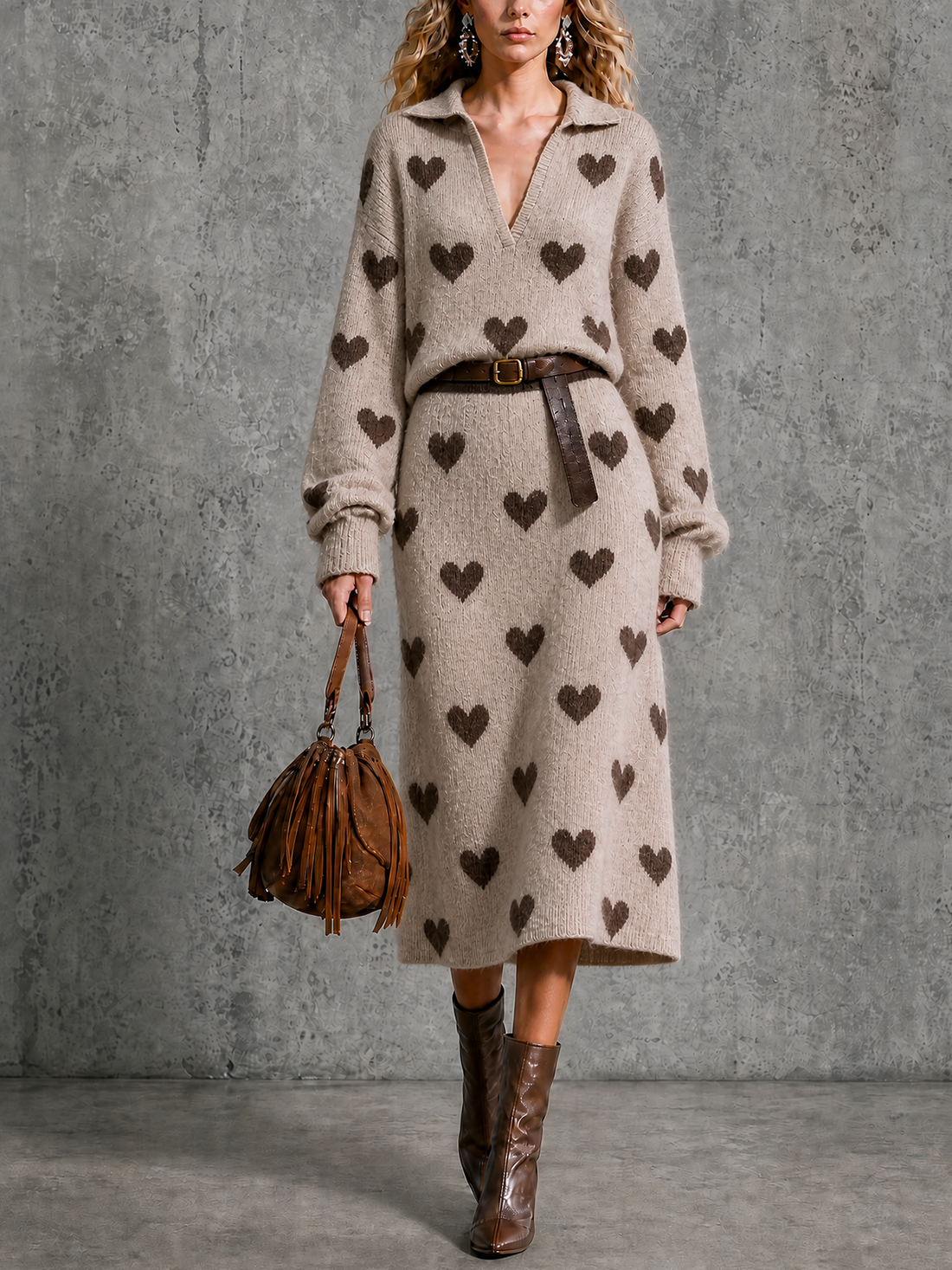 ElevenOra Chic Elegant Beige Lapel-Collar V-Neck Brown Heart Jacquard Long Sleeve Loose-Fit Leather Belt Knit Midi Dress