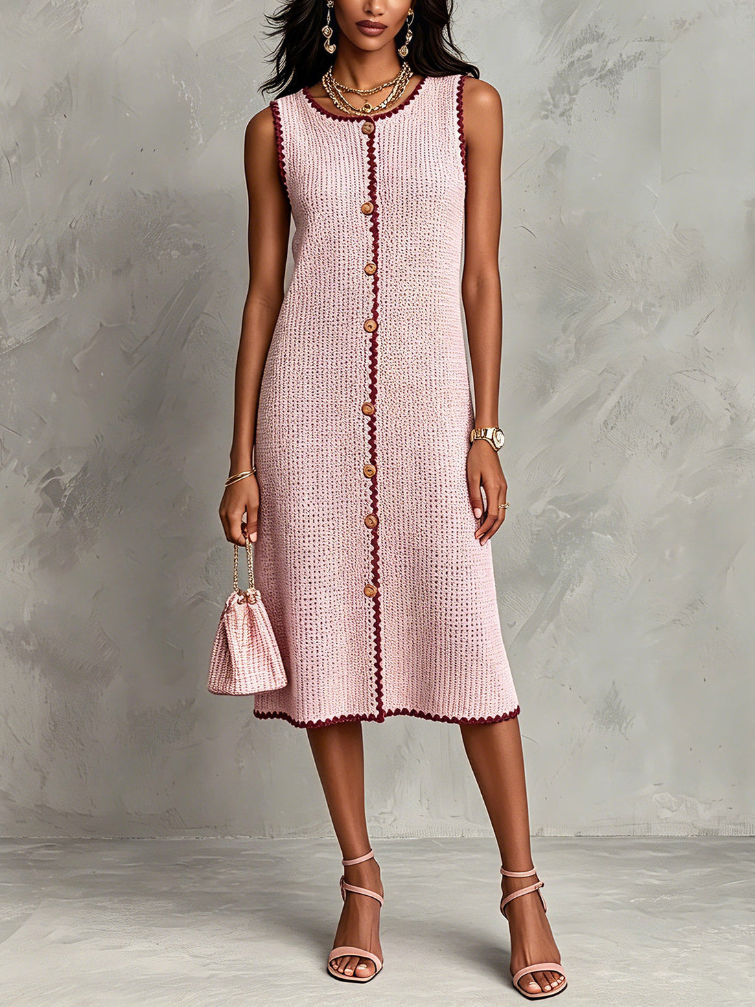 ElevenOra Chic Elegant Pink Round-Neck Sleeveless Single-Breasted Burgundy Trim Detail A-Line Knit Midi Dress