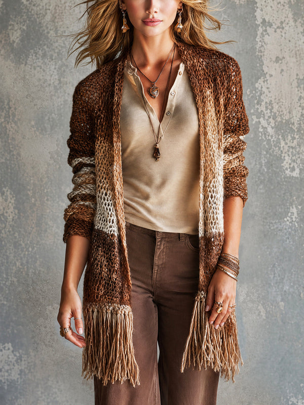 ElevenOra Chic Brown-Caramel Gradient Fringe Details Long Sleeved Loose-Fit Knit Cardigan