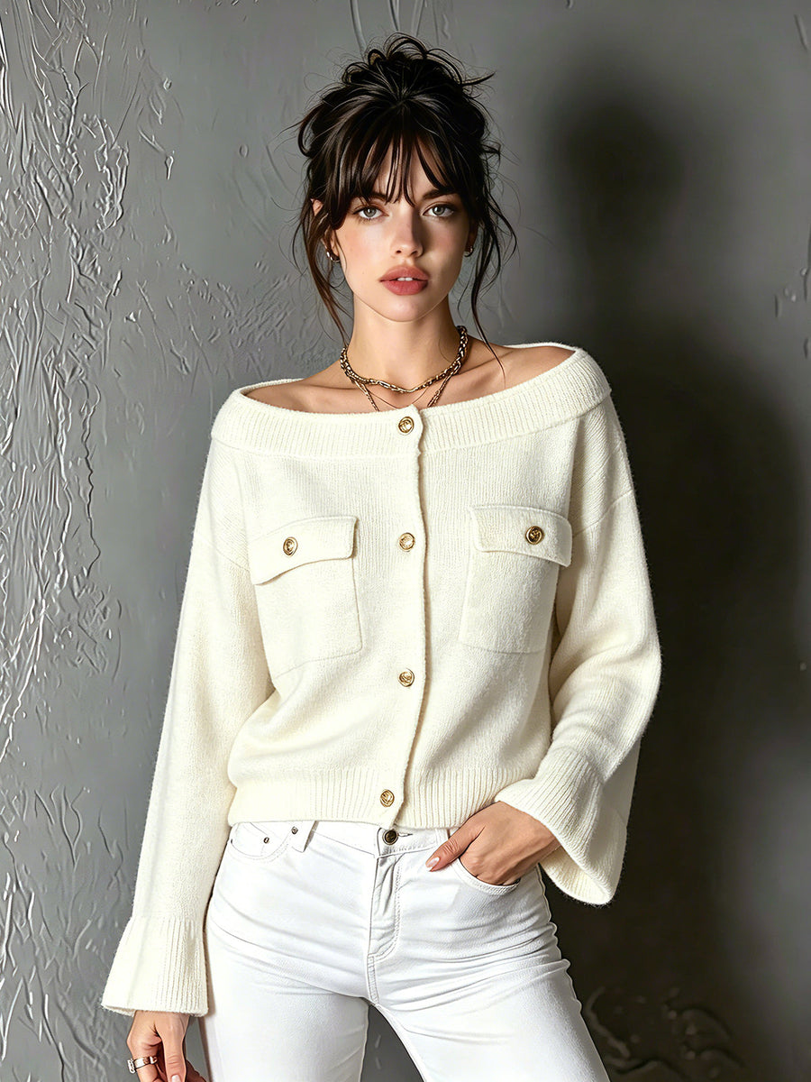 ElevenOra Chic Elegant Cream White Off-The-Shoulder Long-Flare-Sleeve Single-Breasted Flap Pockets Soft Ribbed Knit Cardigan