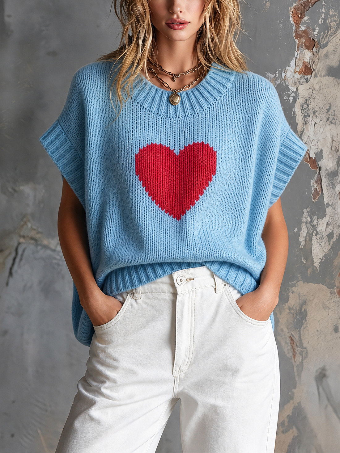 ElevenOra Chic Casual Light Blue Round-Neck Red Heart Jacquard Short-Sleeve Loose-Fit Knit Sweater Top