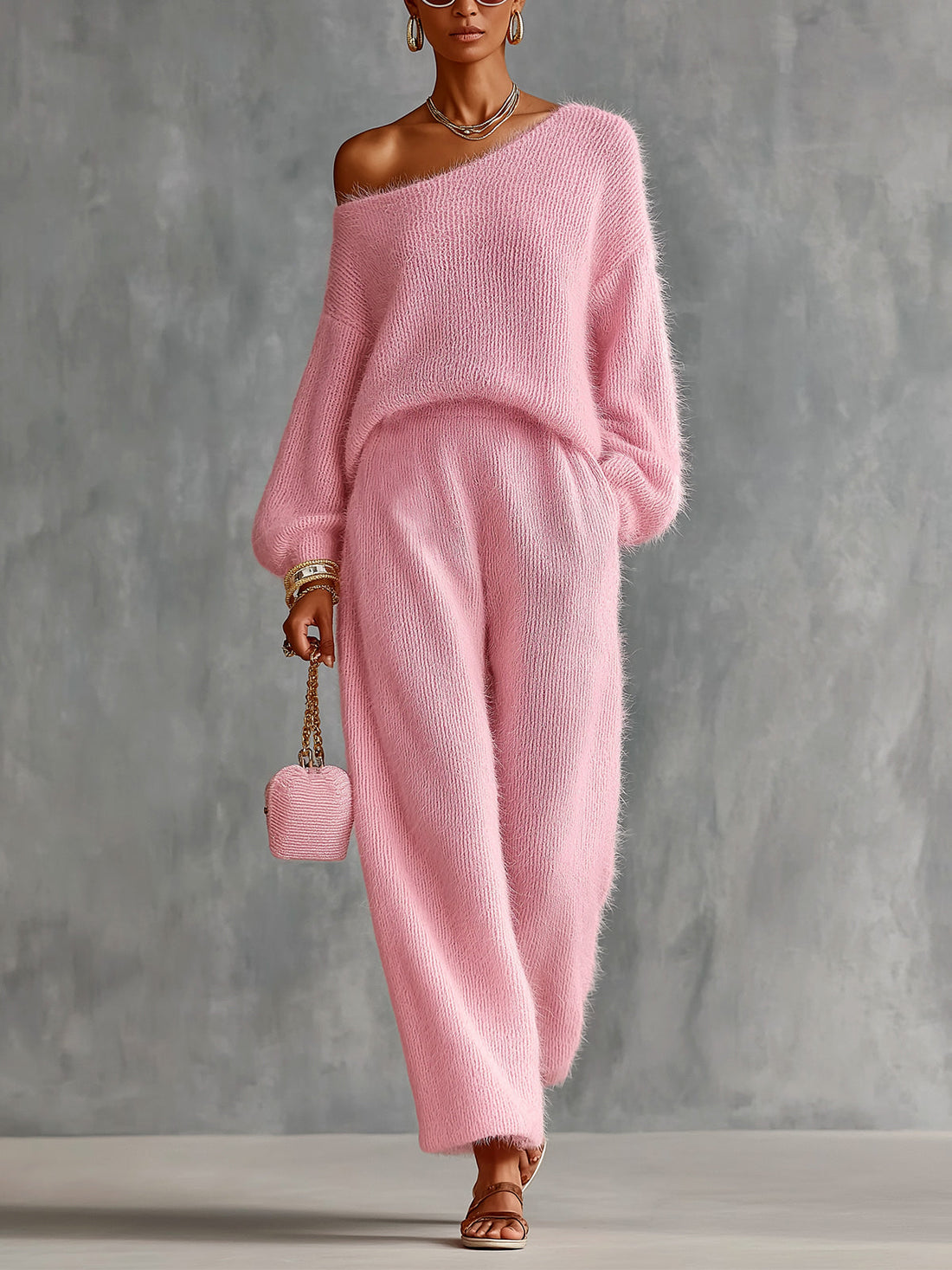 ElevenOra Chic Elegant Pink One-Shoulder Long-Lantern-Sleeve Sweater Wide-Leg Pants Loose-Fit Soft Mohair Blend Knit Two-Piece Set