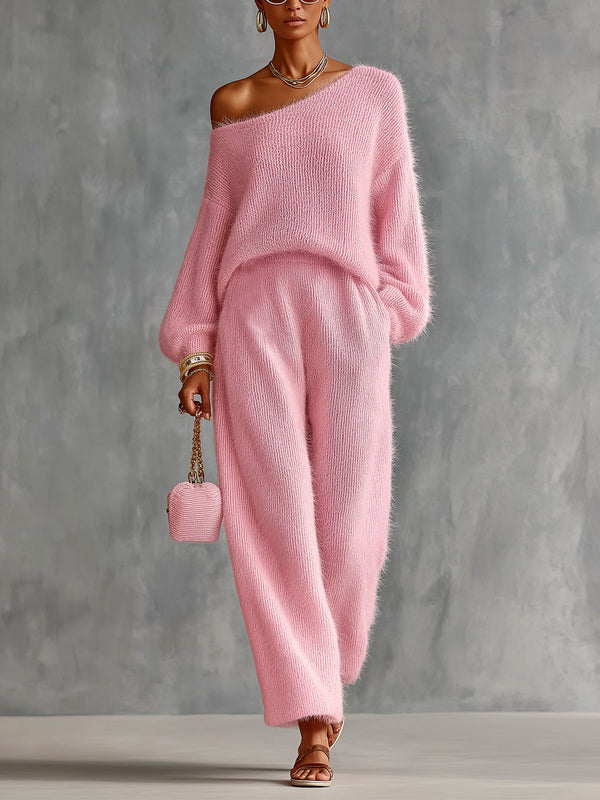 ElevenOra Chic Elegant Pink One-Shoulder Long-Lantern-Sleeve Sweater Wide-Leg Pants Loose-Fit Soft Mohair Blend Knit Two-Piece Set