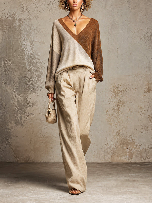 ElevenOra Chic Elegant Beige-Light Gray-Brown Colorblock V-Neck Long-Sleeve Loose-Fit Knit Top Beige Linen Wide-Leg Trousers Set