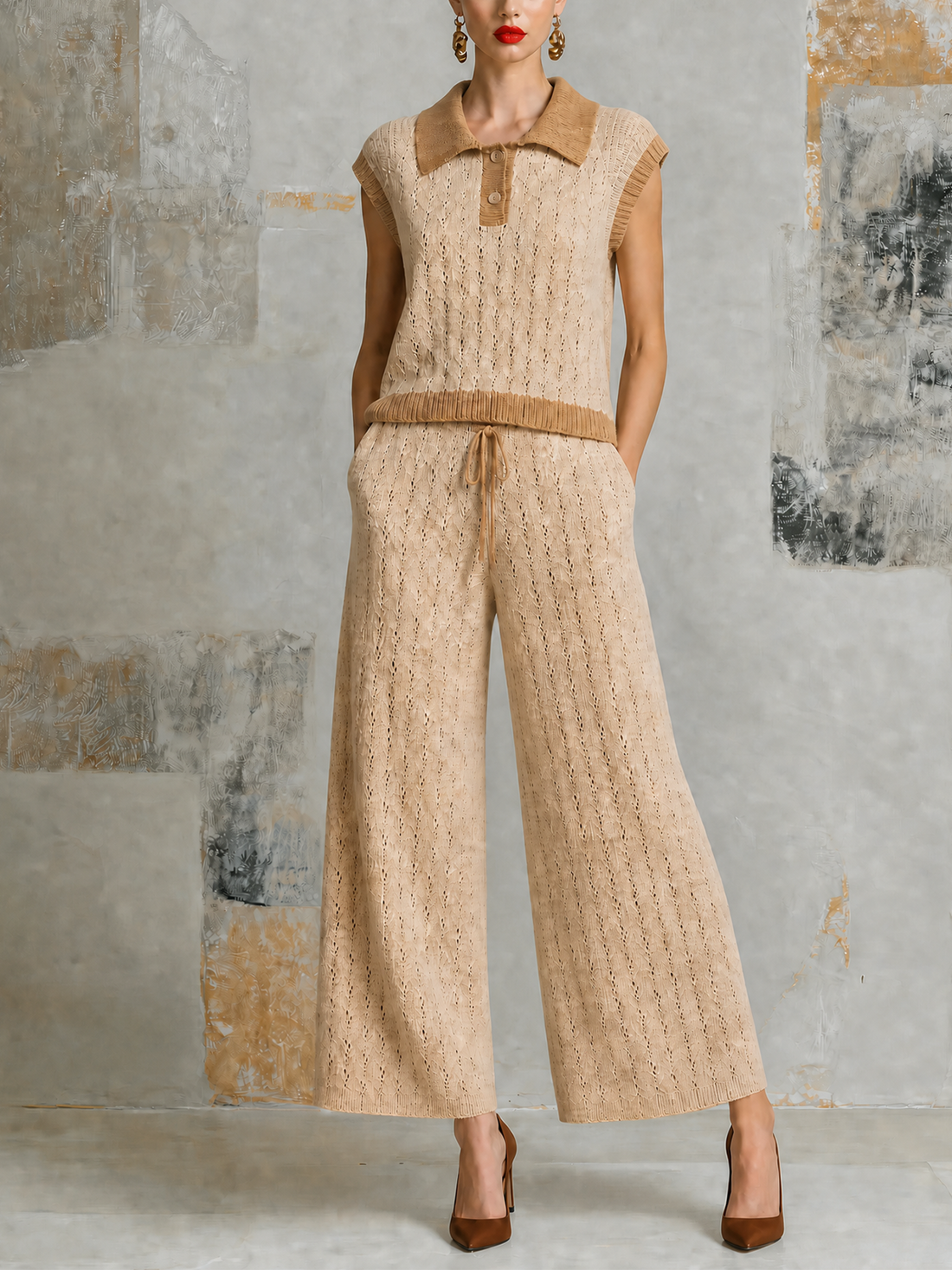 ElevenOra Chic Elegant Beige Lapel-Collar Button-Up Contrast Trim  Cap Sleeve Hollow-Out Sweater Wide-Leg Pants Knit Two-Piece Set