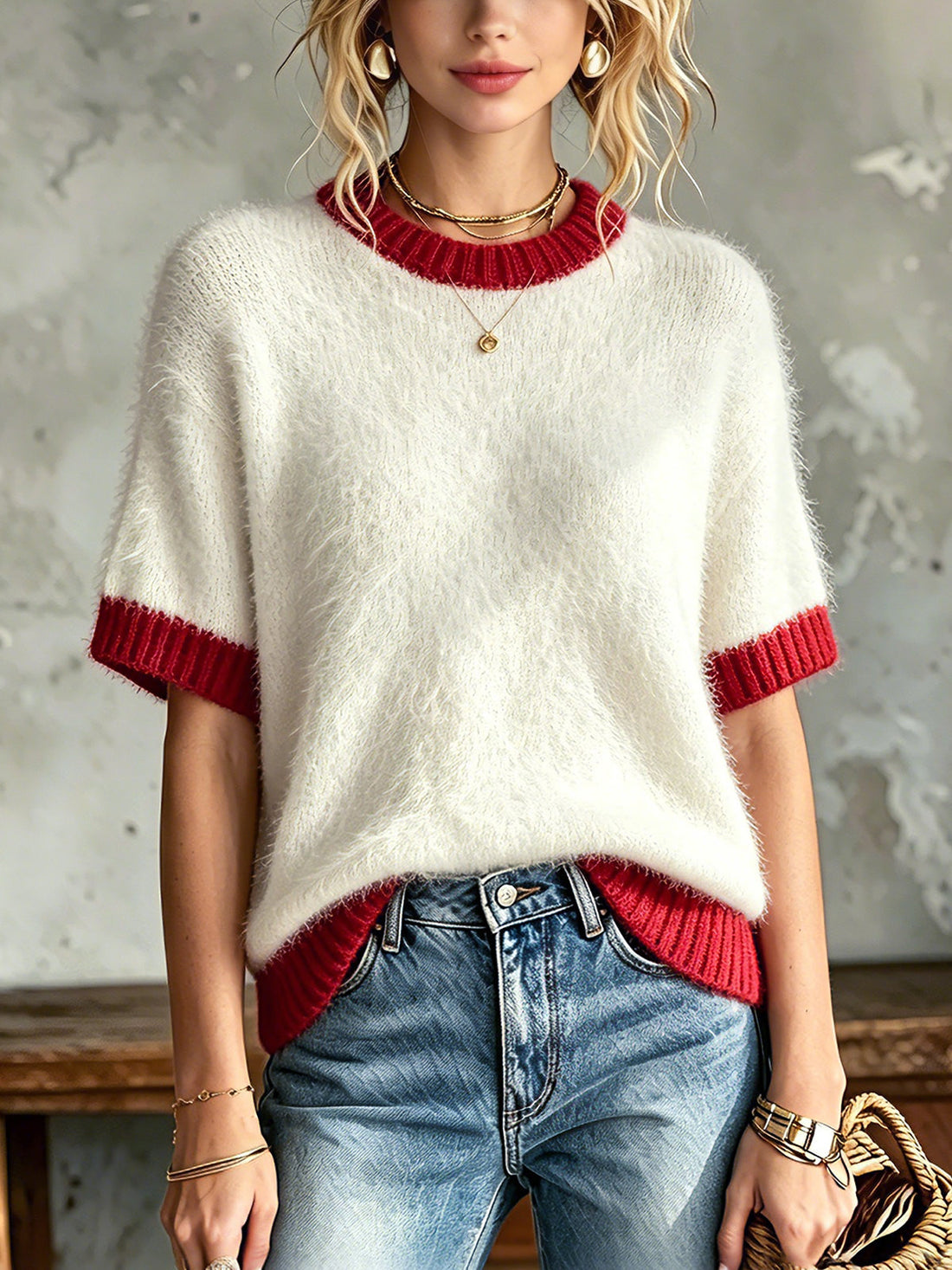 ElevenOra Chic Elegant Colorblock Mohair Blend Round-Neck Dropped Shoulder Short-Sleeve Loose-Fit Soft Knit Sweater