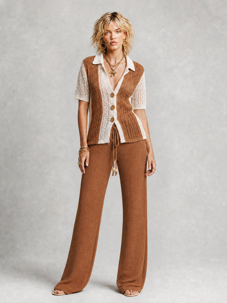 ElevenOra Chic White-Caramel Colorblock Lapel Short Sleeve Single Breasted Cardigan Top Straight-leg Pants Bead Details Regular-Fit  Knit Two-Piece Set