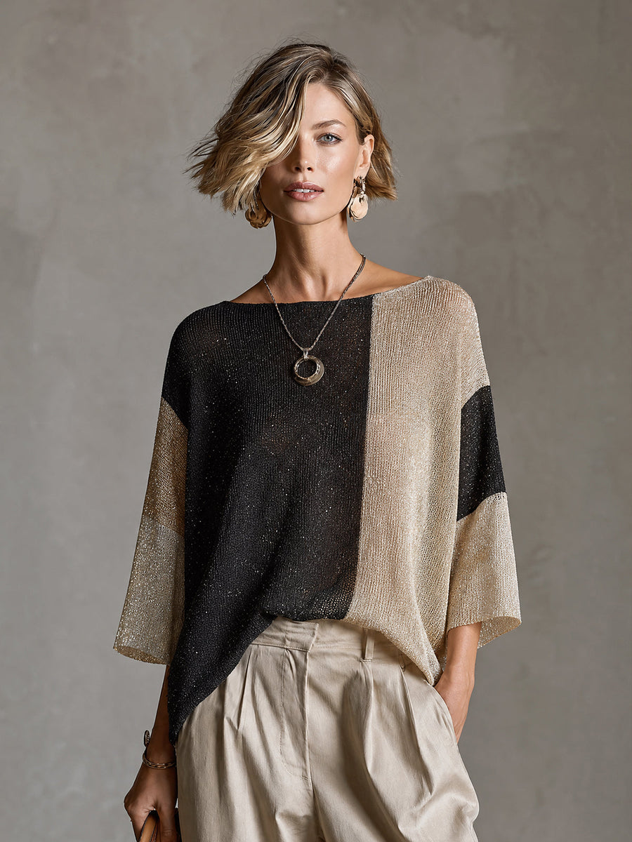 ElevenOra Chict Gold Black-Beige Colorblock Boat Neck Three Quarter Sleeve Loose-Fit Knit Sweater Top