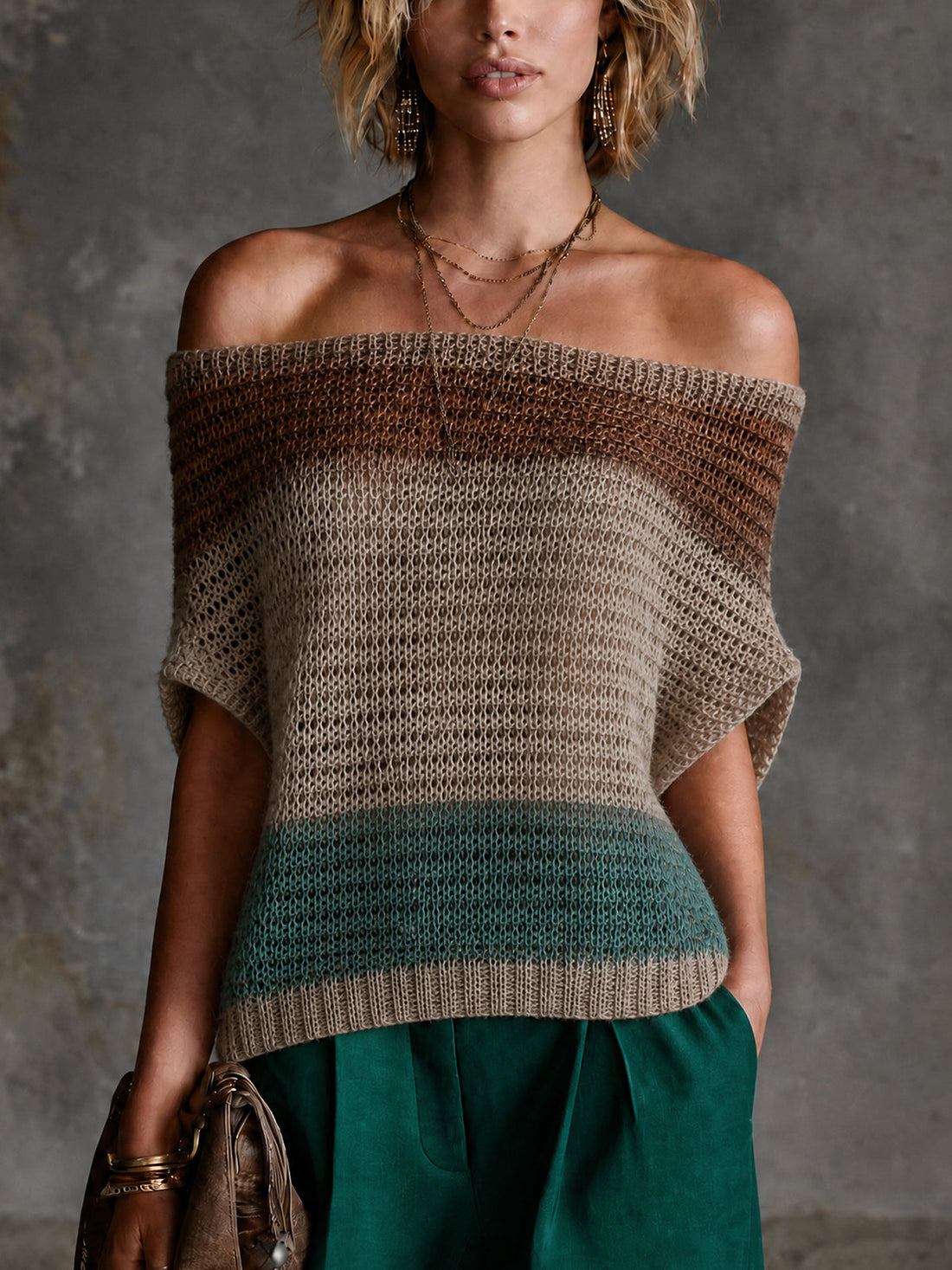 ElevenOra Chic Brown-Beige-Teal Colorblock Stripes Off-Shoulder Batwing Short Sleeve Loose-Fit Knit Sweater Top