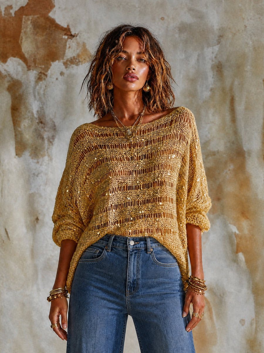 ElevenOra Chic Yellow Horizontal Stripes Boat Neck Long Sleeve Loose-Fit Sequin Mesh Knit Sweater Top
