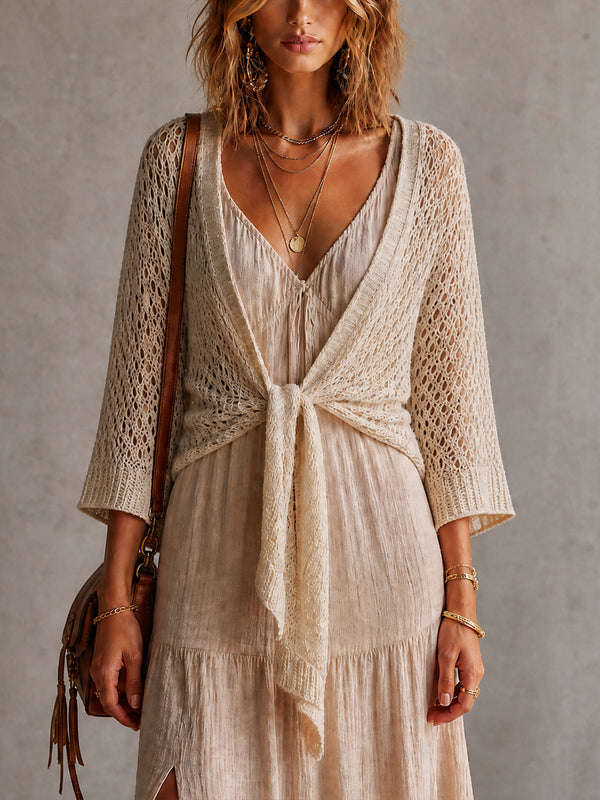 ElevenOra Chic Solid Cream V-Neck Three Quarter Batwing Sleeves Loose-Fit Mesh Tie Details Knit Cardigan Top