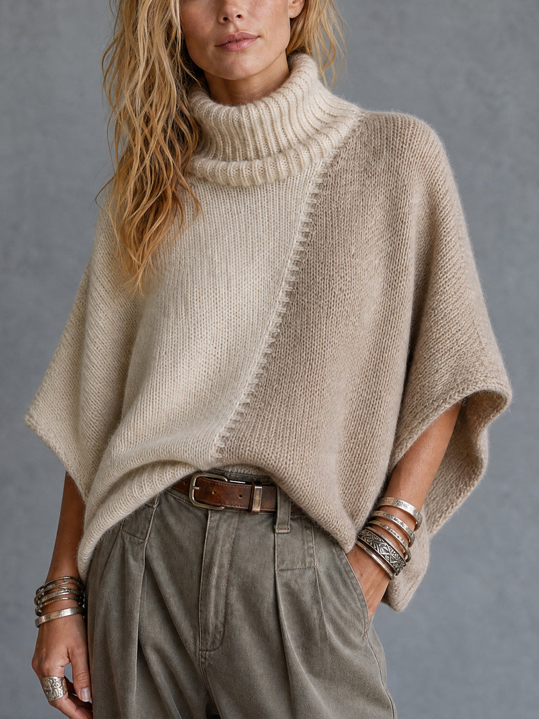 ElevenOra Chic Cream-Taupe Colorblock Turtleneck Batwing Sleeves Loose-Fit  Knit Poncho Sweater Top