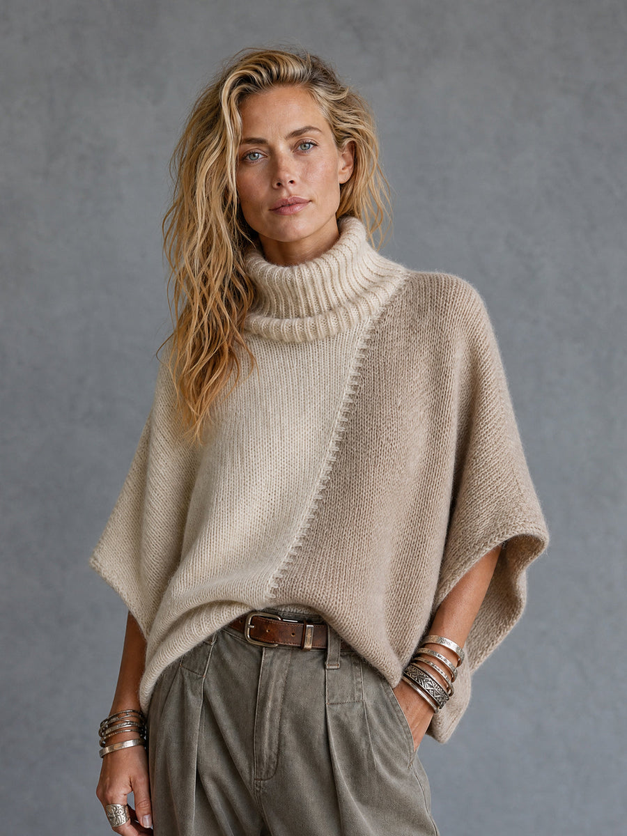 ElevenOra Chic Cream-Taupe Colorblock Turtleneck Batwing Sleeves Loose-Fit  Knit Poncho Sweater Top