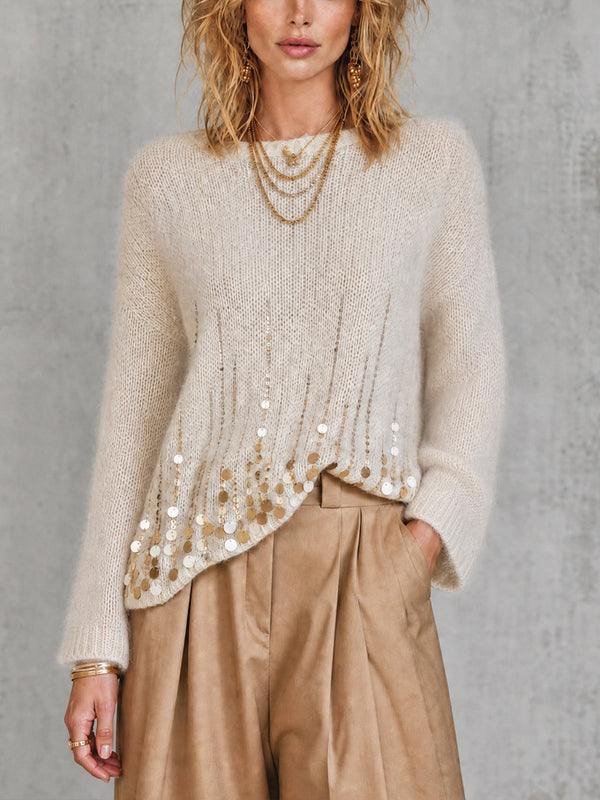 ElevenOra Chic Cream Boat Neck Long Sleeve Loose-Fit Sequin Embellished Knit Sweater Top
