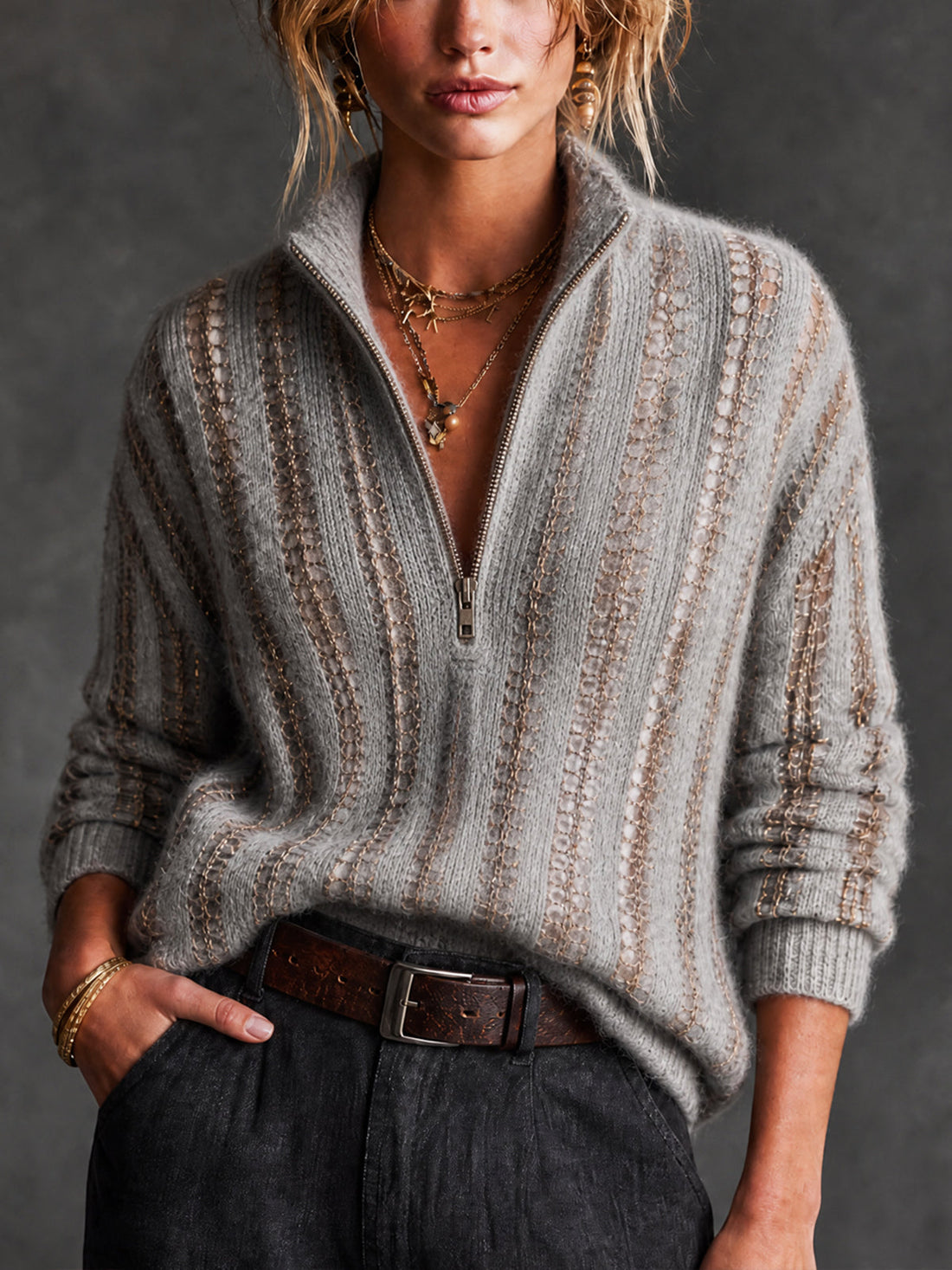 ElevenOra Chic Gray-Gold Colorblock Stripes Half Zip Long Sleeve Loose-Fit Mesh Knit Sweater Top