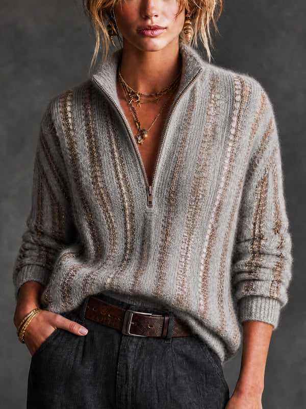ElevenOra Chic Gray-Gold Colorblock Stripes Half Zip Long Sleeve Loose-Fit Mesh Knit Sweater Top