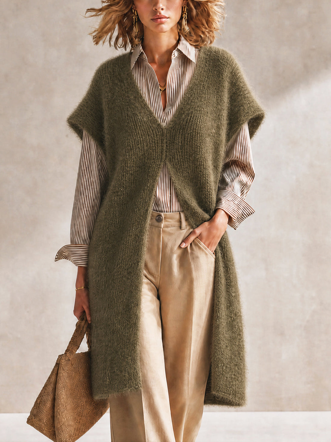 ElevenOra Chic Olive Green V-Neck Sleeveless Split Details Loose-Fit Fluffy Knit Vest
