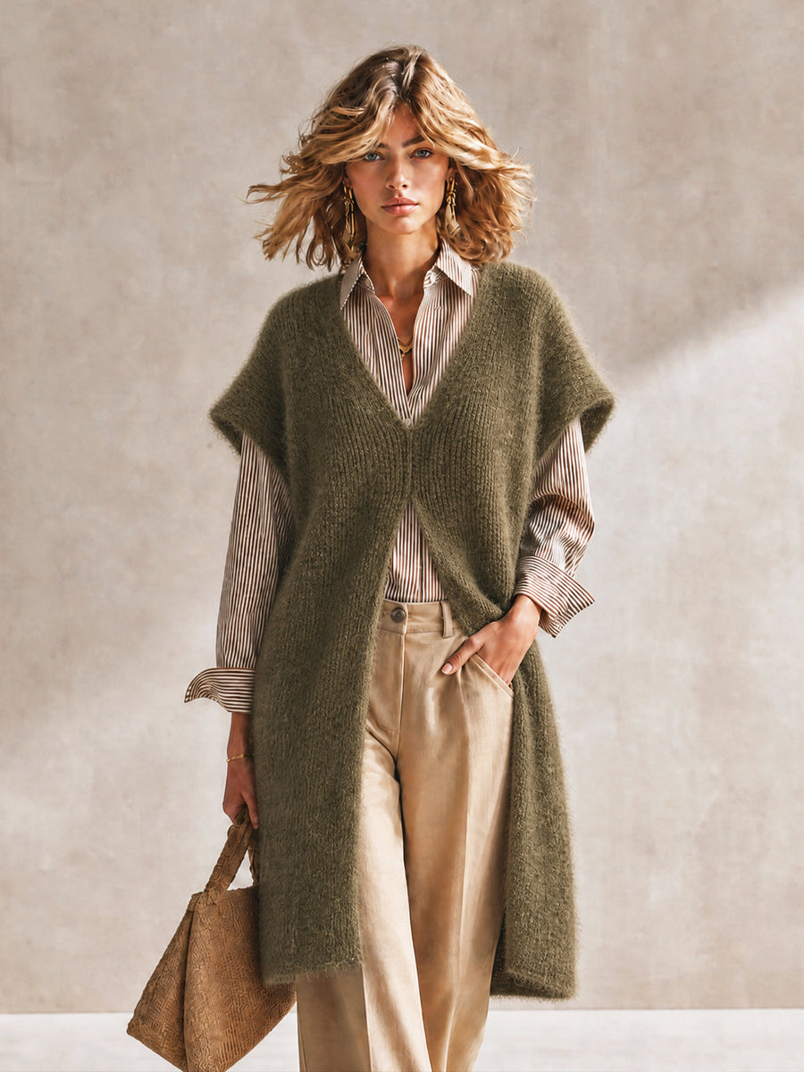 ElevenOra Chic Olive Green V-Neck Sleeveless Split Details Loose-Fit Fluffy Knit Vest