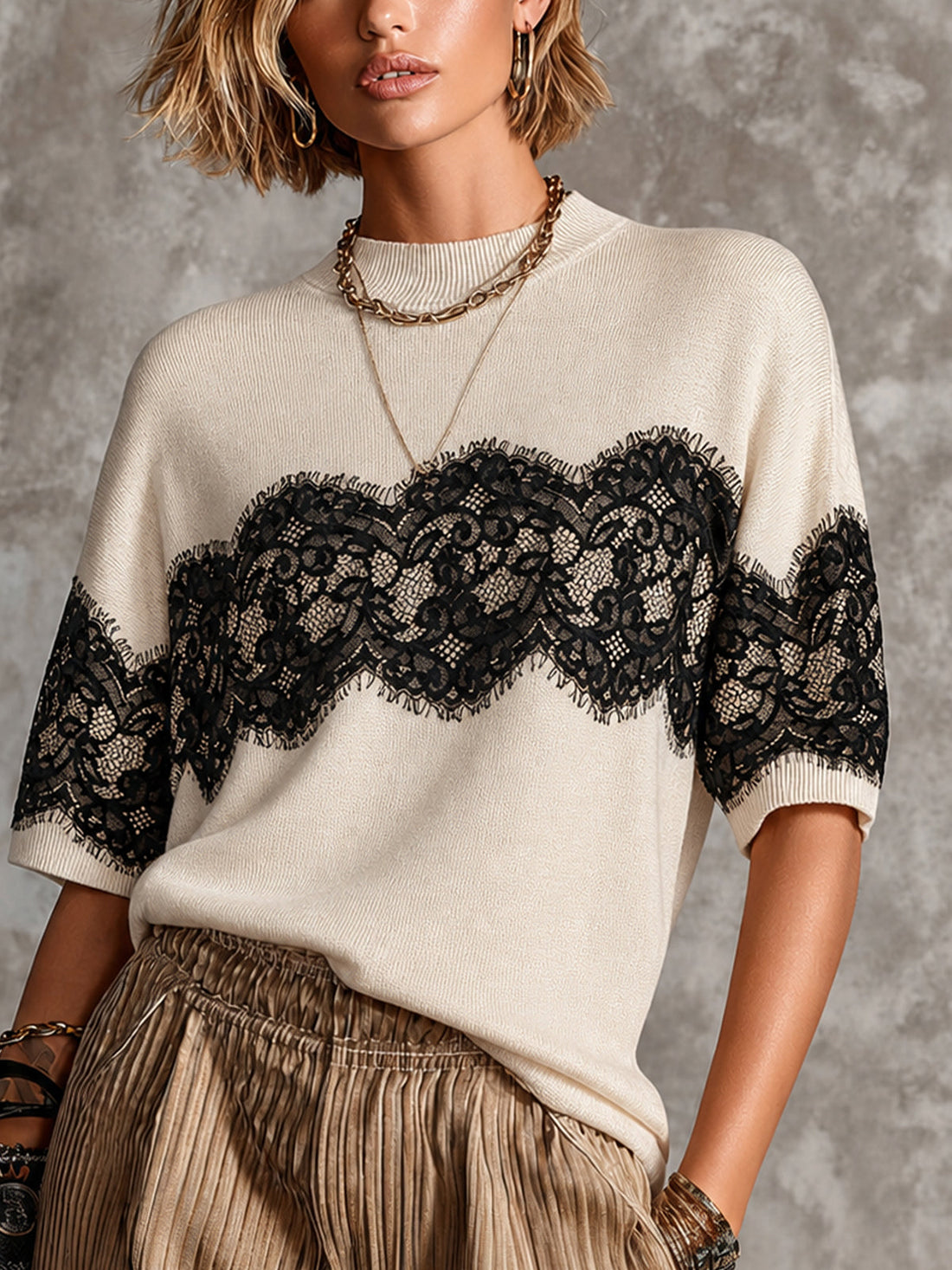 ElevenOra Chic Cream-Black Colorblock TurtleNeck Half Sleeve Loose-Fit Lace Panel Knit Sweater Top