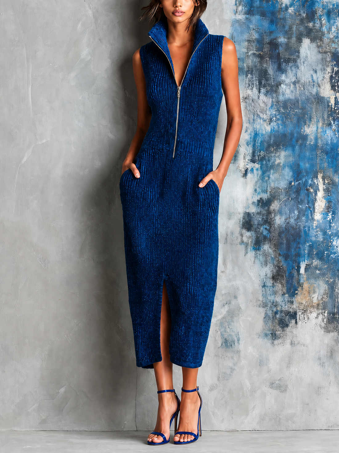 ElevenOra Chic Elegant Royal Blue Stand Collar Half Zip Sleeveless Front Slit Slim-Fit Ribbed Knit Midi Dress