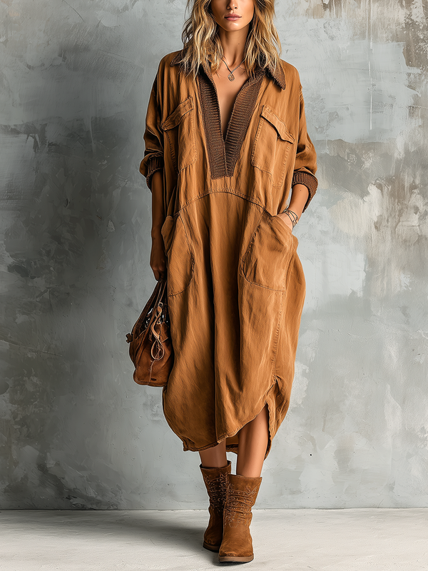 ElevenOra Chic Casual Caramel Cotton Blend Lapel-Collar Contrast Trim V-Neck Patch Pockets Long Sleeve Asymmetrical Hem Loose-Fit Midi Dress