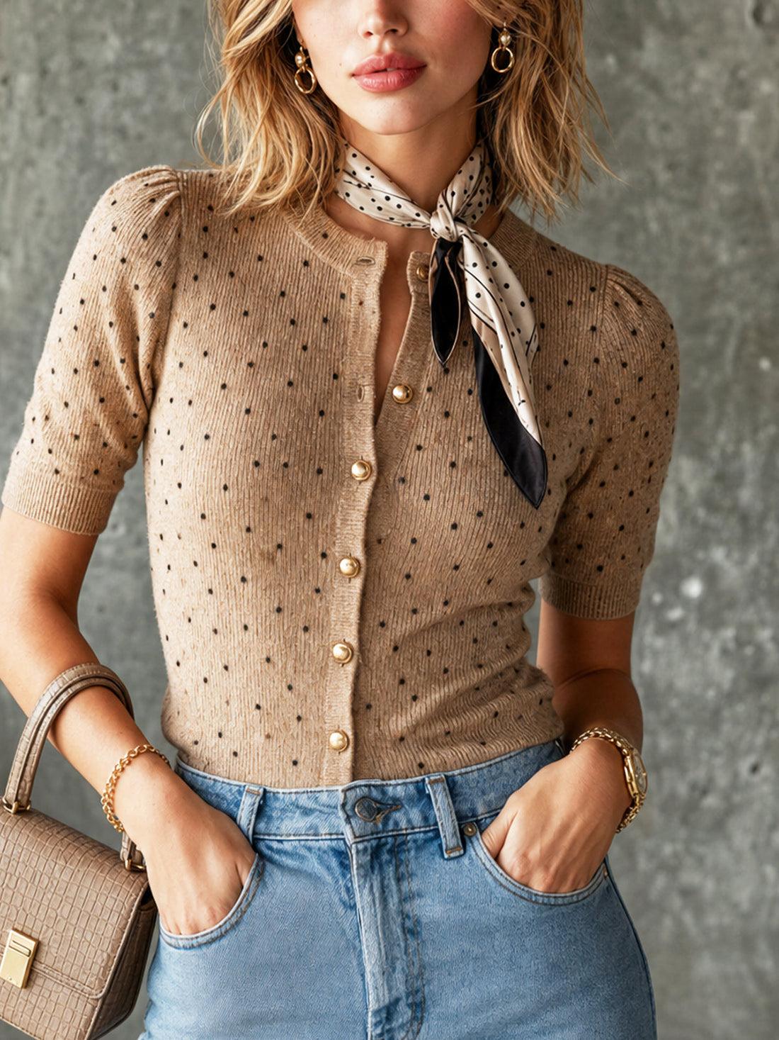 ElevenOra Chic Camel-Black Colorblock Dot Pattern Round Neck Single-Beasted Puff Short Sleeve Slim-Fit Knit Cardigan Top