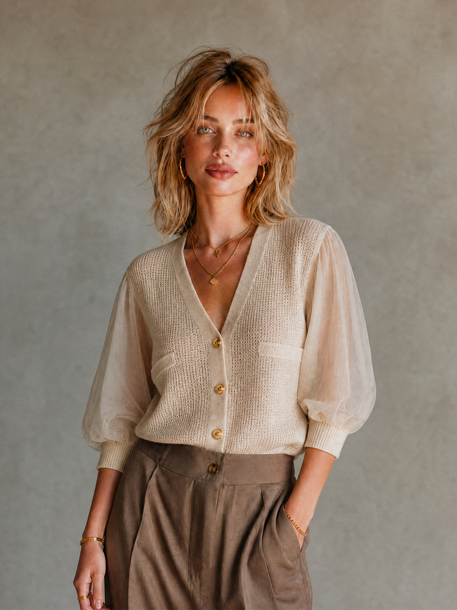 ElevenOra Elegant Beige Chiffon Patchwork V-Neck Knit Single-Breasted Half Puff Sleeve Mesh Regular-Fit Sweater Top