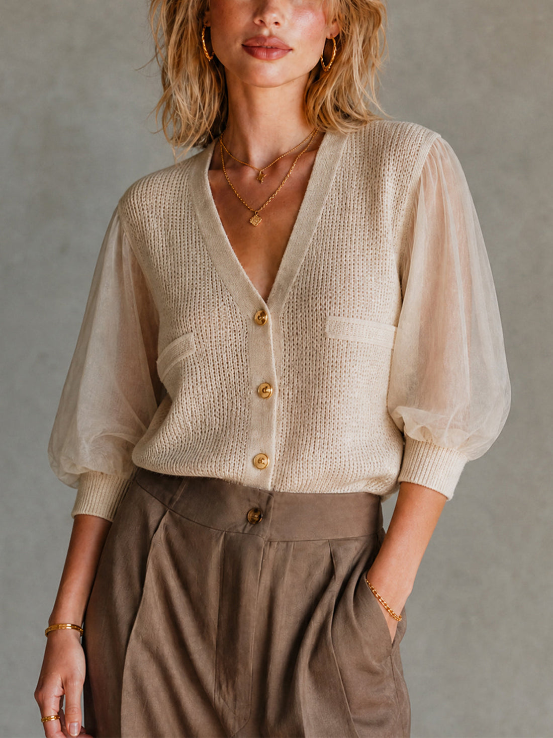 ElevenOra Elegant Beige Chiffon Patchwork V-Neck Knit Single-Breasted Half Puff Sleeve Mesh Regular-Fit Sweater Top