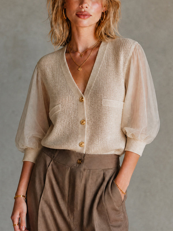 ElevenOra Elegant Beige Chiffon Patchwork V-Neck Knit Single-Breasted Half Puff Sleeve Mesh Regular-Fit Sweater Top