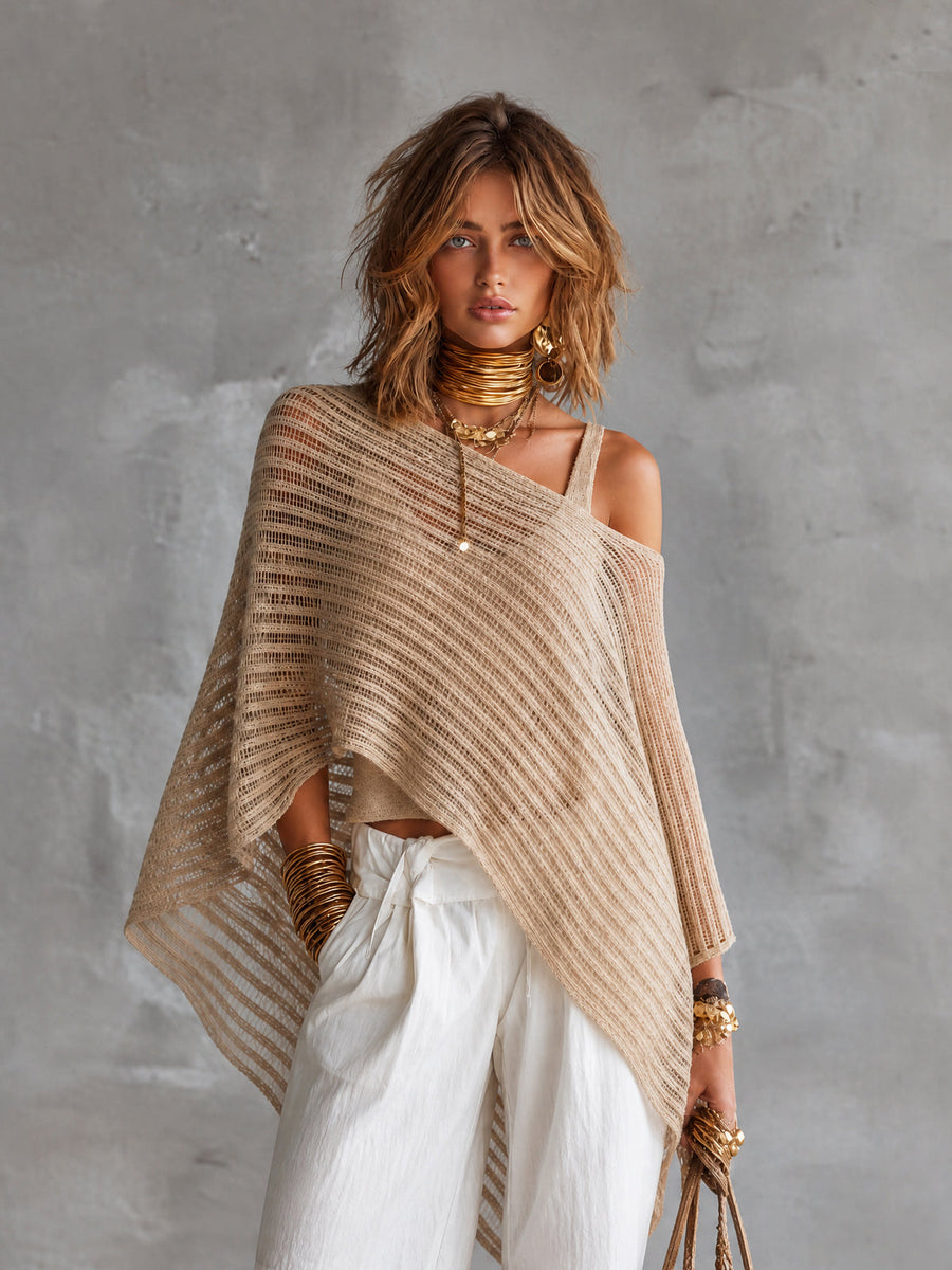 ElevenOra Chic Beige U-Neck Tank Top Off-Shoulder Poncho Asymmetrical Hem Loose-Fit Mesh Sweater Two Piece Set