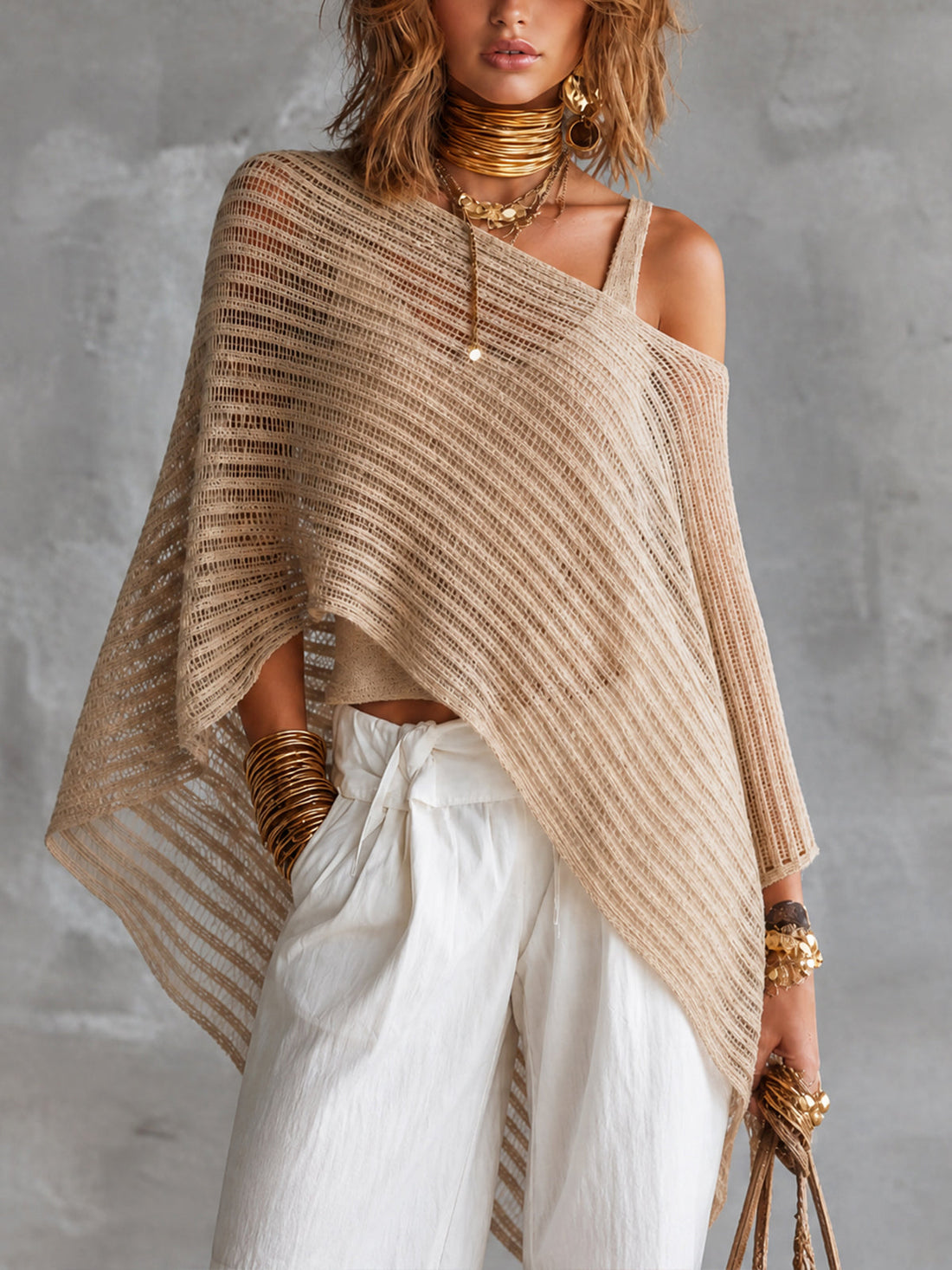 ElevenOra Chic Beige U-Neck Tank Top Off-Shoulder Poncho Asymmetrical Hem Loose-Fit Mesh Sweater Two Piece Set