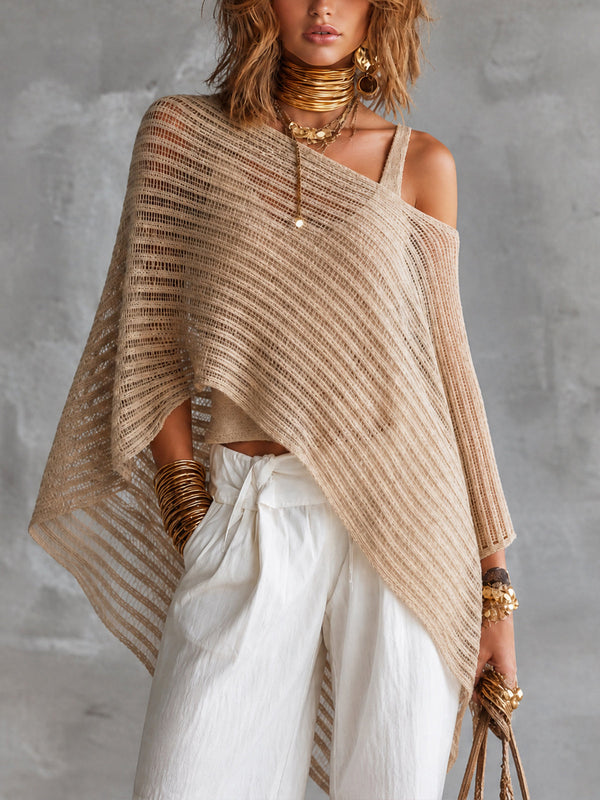 ElevenOra Chic Beige U-Neck Tank Top Off-Shoulder Poncho Asymmetrical Hem Loose-Fit Mesh Sweater Two Piece Set