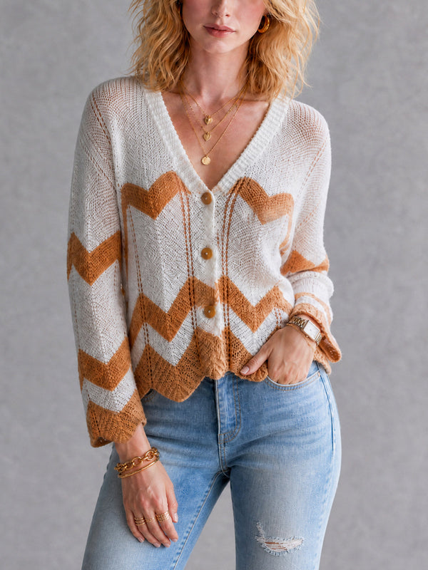 ElevenOra Chic White-Caramel Colorblock Chevron Stripes V-Neck Single-Breasted Three-Quarter Bell Sleeves Loose-Fit Mesh Knit Cardigan Top