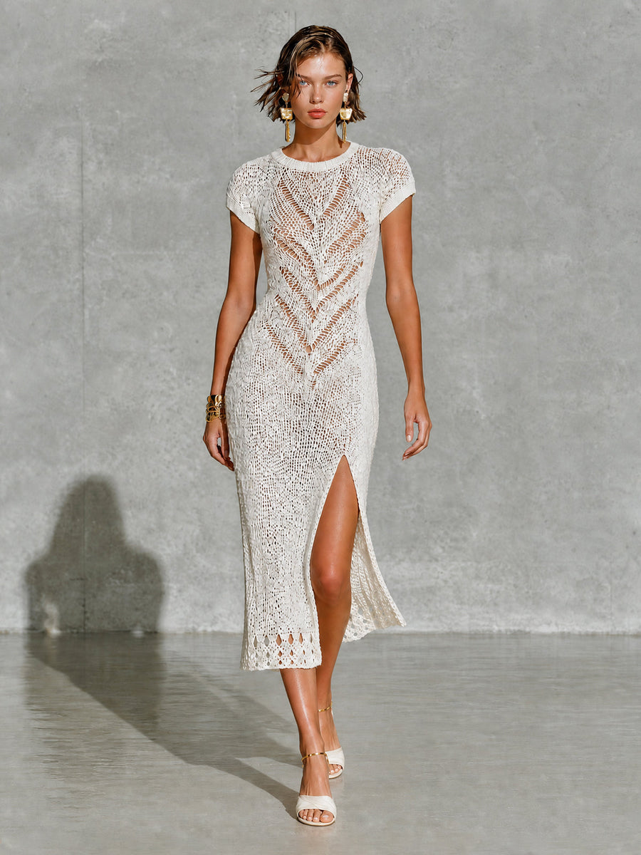 ElevenOra Chic White Round Neck Raglan Half Sleeve Slit Detail Slim-Fit Hollow Chevron Knit Midi Dress