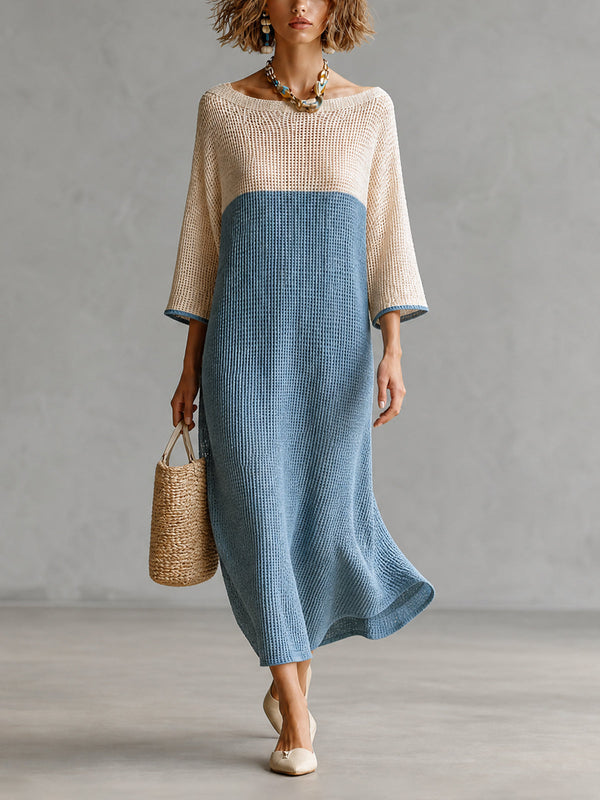 ElevenOra Chic Beige-Blue Colorblock Boat Neck Three Quarter Sleeve Loose-Fit Hollow Knit Maxi Dress
