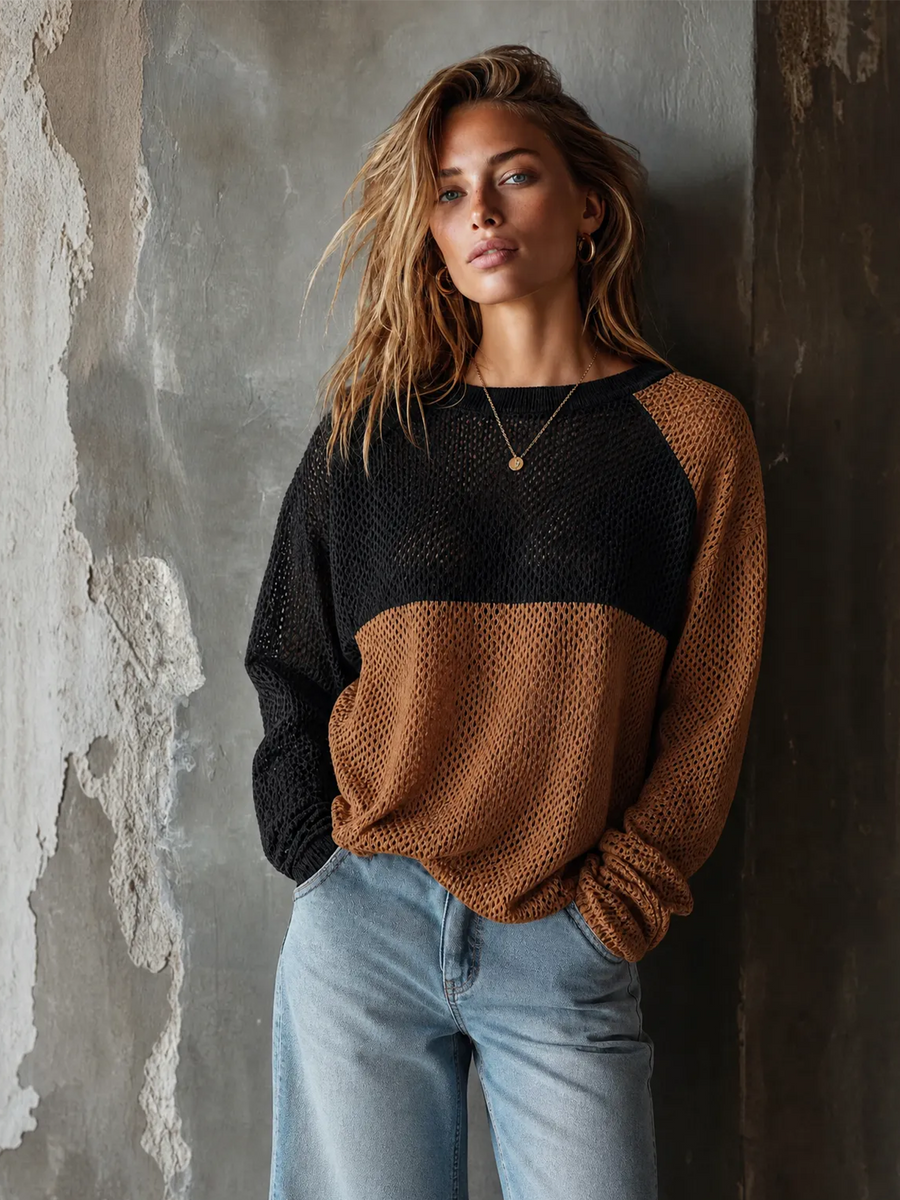 ElevenOra Chic Casual Black-Brown Colorblock Round Neck Long Sleeve Loose-Fit Mesh Knit Sweater Top