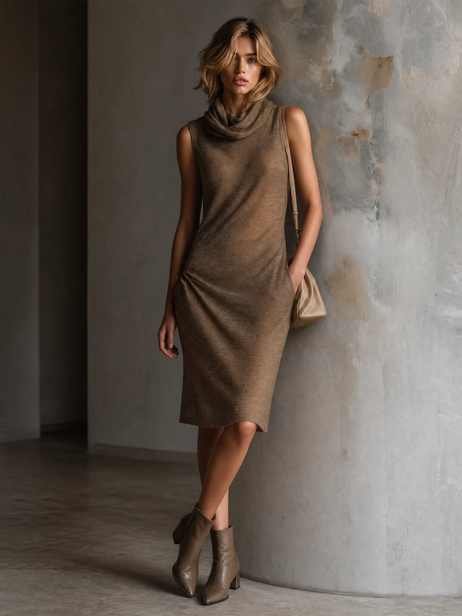 ElevenOra Chic Elegant Taupe Cowl Neck Sleeveless Loose-Fit Knit Midi Dress