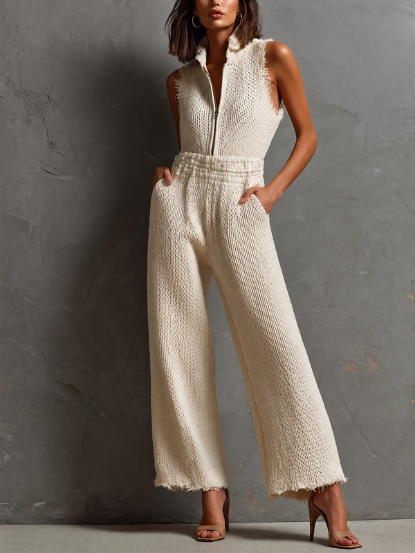ElevenOra Chic Elegant Cream White Stand Collar Half Zip Frayed Edge Sleeveless Elastic-Waist Loose-Fit Knit Jumpsuit