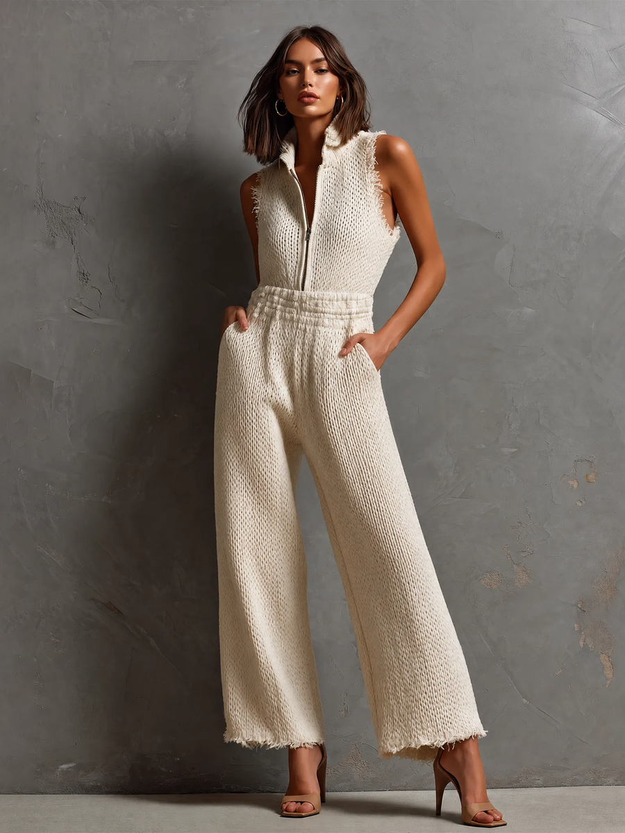ElevenOra Chic Elegant Cream White Stand Collar Half Zip Frayed Edge Sleeveless Elastic-Waist Loose-Fit Knit Jumpsuit