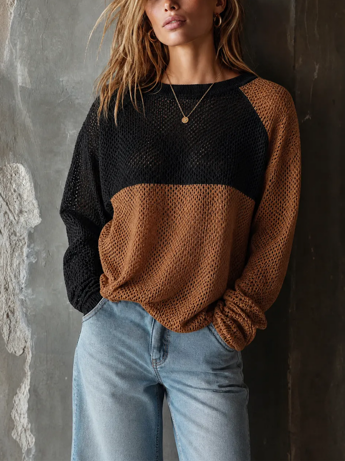 ElevenOra Chic Casual Black-Brown Colorblock Round Neck Long Sleeve Loose-Fit Mesh Knit Sweater Top