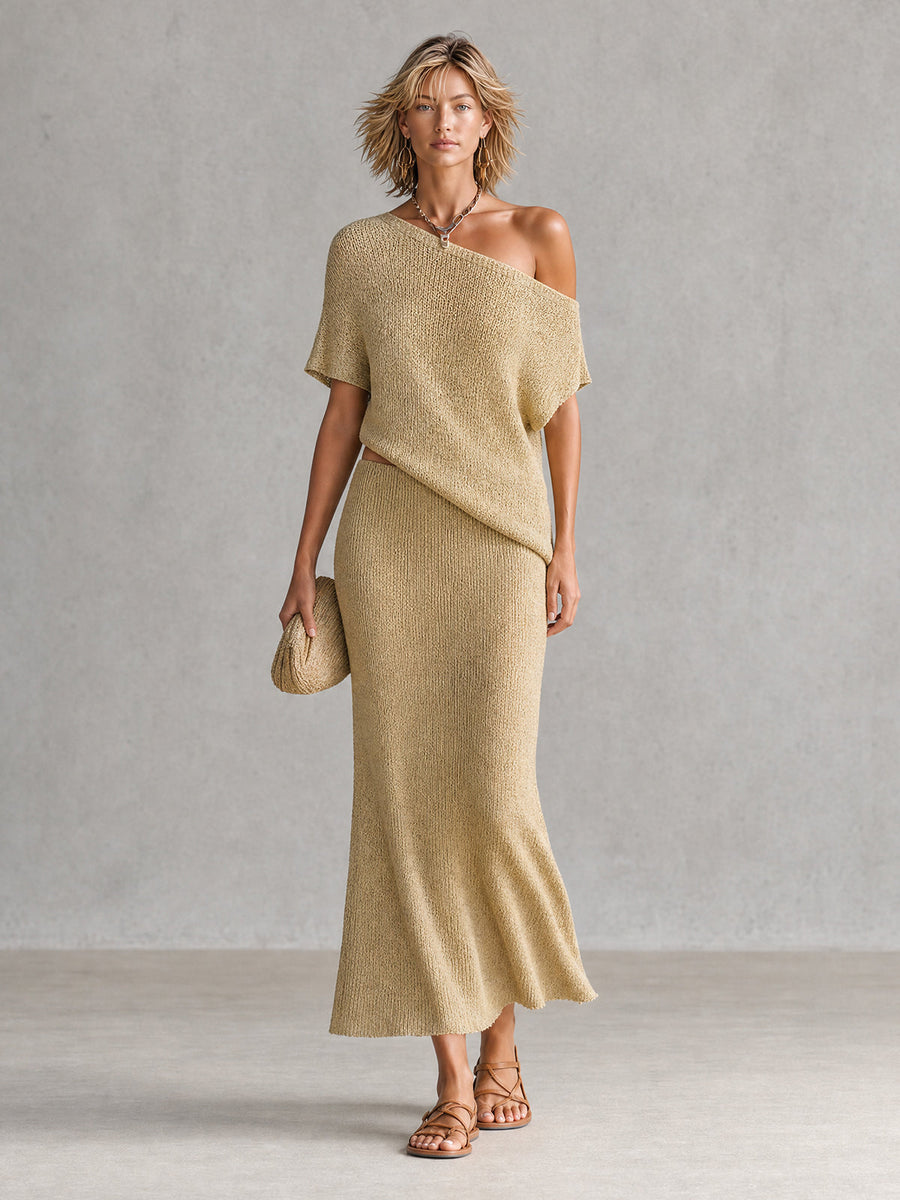 ElevenOra Chic Wheat Beige Asymmetric Off-Shoulder Short Sleeve Loose-Fit Knit Top A-Line Maxi Skirt Kint Two Piece Set