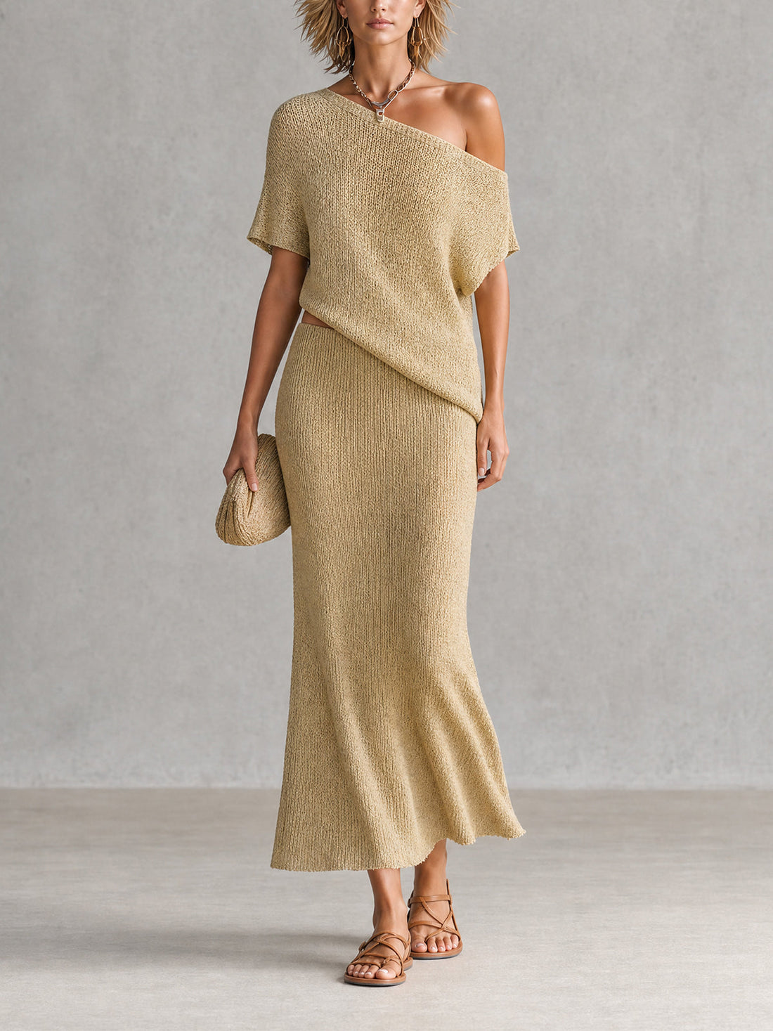 ElevenOra Chic Wheat Beige Asymmetric Off-Shoulder Short Sleeve Loose-Fit Knit Top A-Line Maxi Skirt Kint Two Piece Set