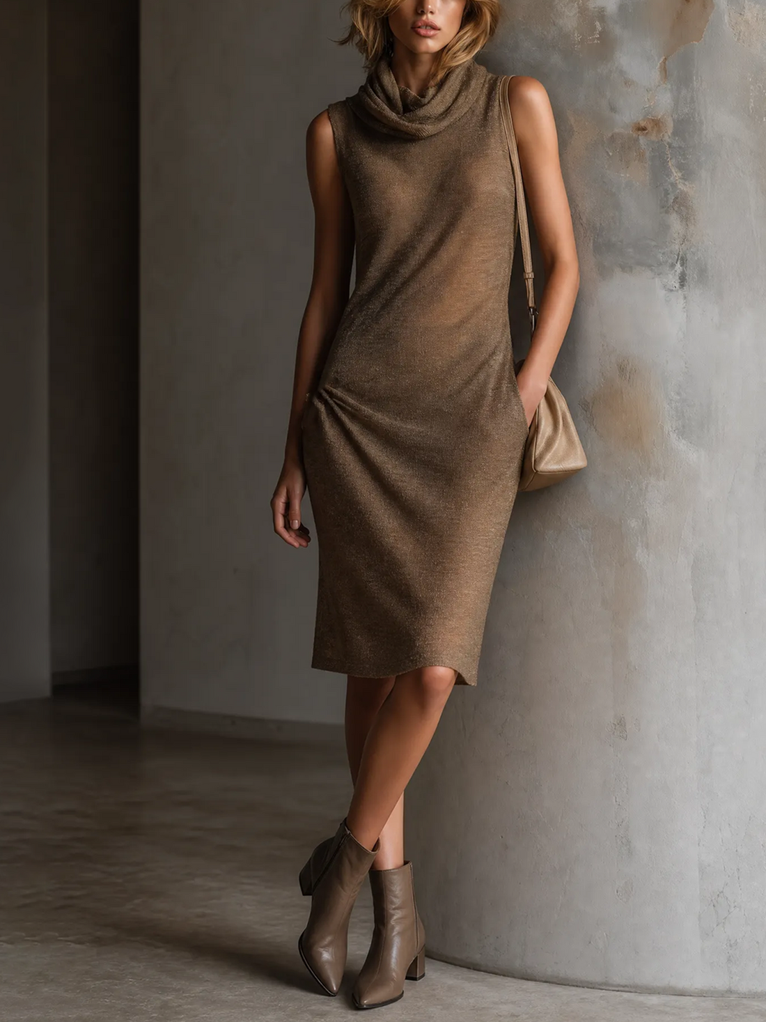 ElevenOra Chic Elegant Taupe Cowl Neck Sleeveless Loose-Fit Knit Midi Dress