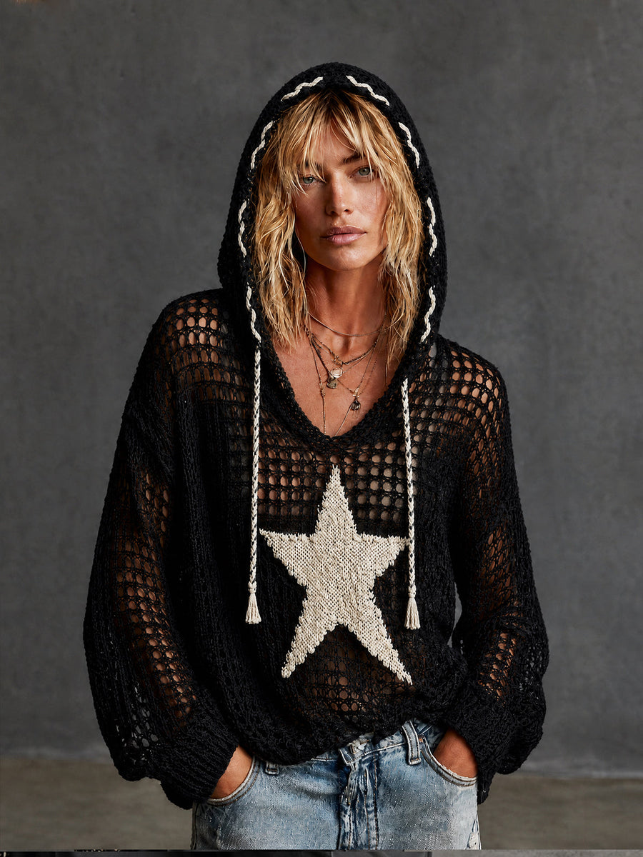 ElevenOra Chic Black-White StarJacquard Hooded Drawstring Tassel Detail Long Sleeve Loose-Fit Mesh Knit Sweater Top
