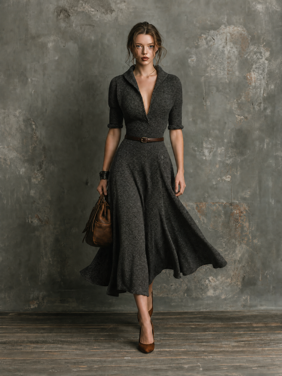 ElevenOra Chic Elegant Charcoal Shawl Collar V-Neck Half Sleeve Waist Belt A-Line Speckled Tweed Midi Dress
