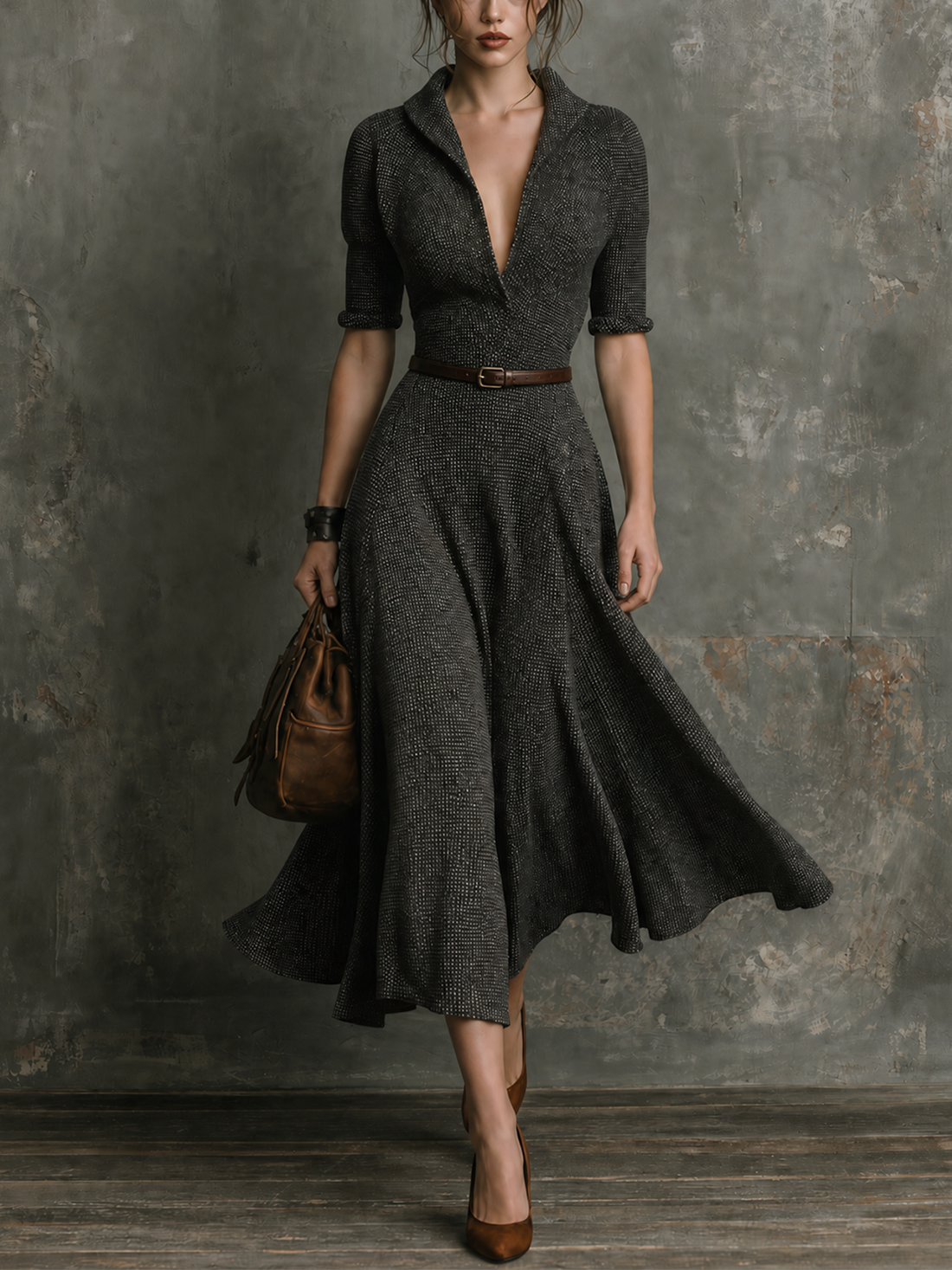 ElevenOra Chic Elegant Charcoal Shawl Collar V-Neck Half Sleeve Waist Belt A-Line Speckled Tweed Midi Dress